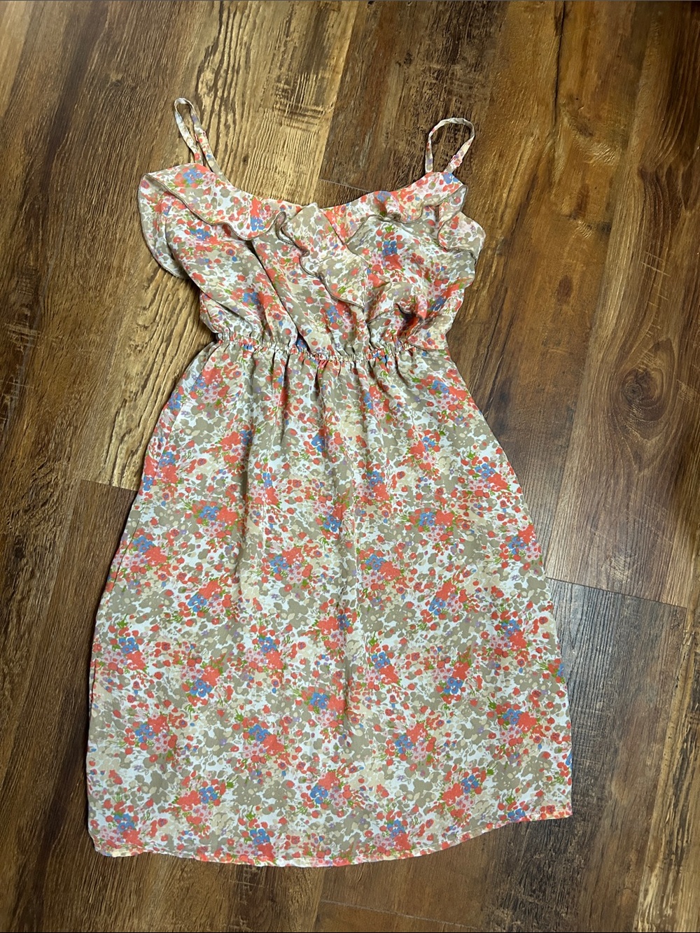 Romy Floral Spaghetti Strap Dress in Coral, Olive & Tan